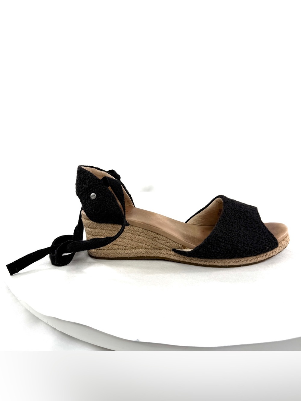 UGG Mar Women Size 9 Black Espadrille Ankle Tie Wedge Woven Fabric Sandal 1652